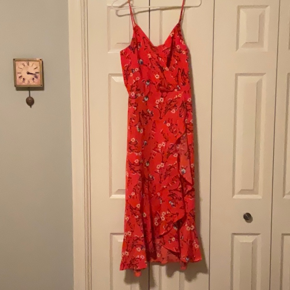 Faux Wrap Midi  Dress in Floral Pattern